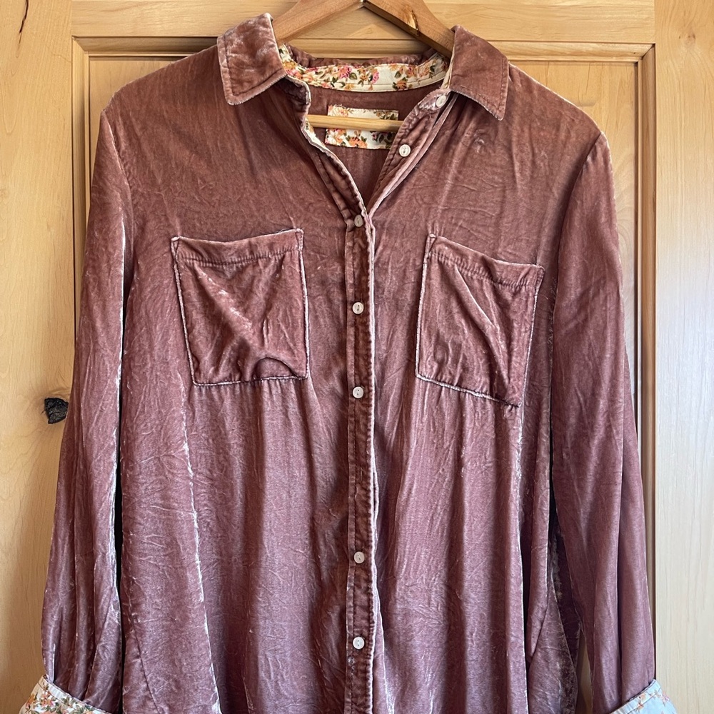 Pink Velvet Button Down w/ floral trim